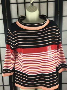 NWT Sz LP Designers Originals Black Striped Knit Top with Red, Peach & White